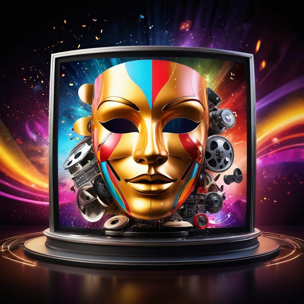 A vibrant collage depicting the diverse facets of the entertainment industry, featuring a film reel, music notes, a theater mask, and a modern digital screen. The background should be dynamic and colorful, incorporating elements like applauding crowds, bright stage lights, and reviews scattered around. Emphasize an engaging and lively atmosphere that represents insights and guides. super-realistic. vibrant colors. dynamic composition.