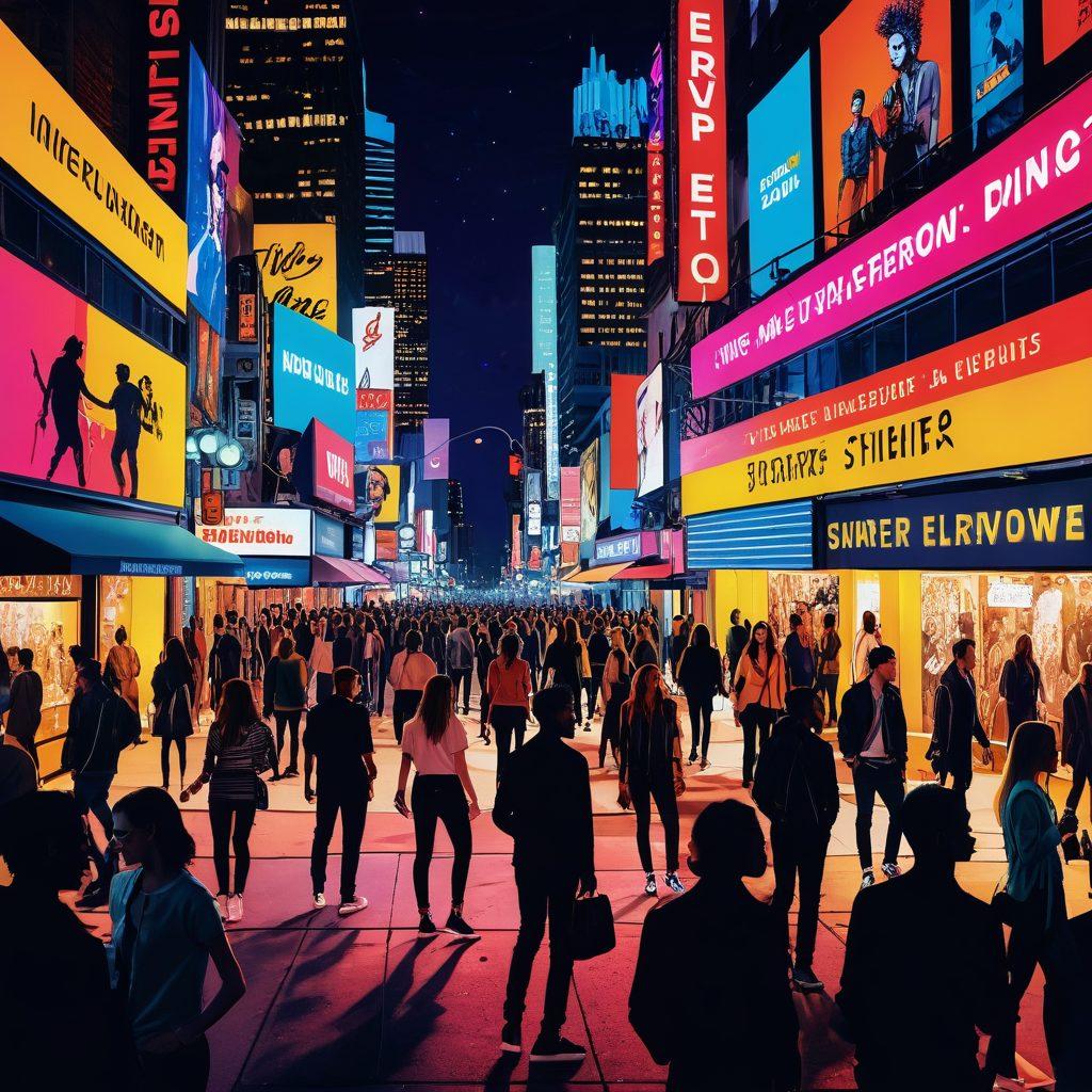 A vibrant collage showcasing the pulse of pop culture: a lively street scene filled with people engrossed in various entertainment trends, musicians performing, artists creating, and fashionistas displaying trendy outfits; bright neon lights and digital screens reflecting iconic movies, music, and lifestyle trends. super-realistic. vibrant colors. urban background.